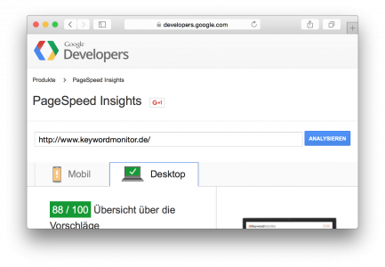 PageSpeed Insights von keywordmonitor.de